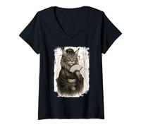 Femme Funny Maine Coon Cat Geisha avec Kimono Japon T-Shirt avec Col en V