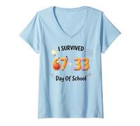 Femme Funny Meme I Survived 100 Days of School 67 Six Seven T-Shirt avec Col en V