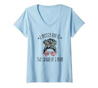 Femme Funny Messy Bun Saying for New Mama and Leopard Mom T-Shirt avec Col en V