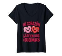 Femme Funny Mi Corazon Late en Dos Idiomas Bilingual Hearts T-Shirt avec Col en V
