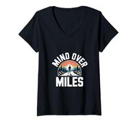 Femme Funny Mind Over Miles évoque la Motivation des Coureurs T-Shirt avec Col en V