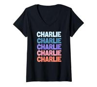Femme Funny Modern Repeated Text Design Charlie T-Shirt avec Col en V