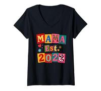 Femme Funny Mom Mama Est.2026 Rançon Note Motif Fête des Mères T-Shirt avec Col en V