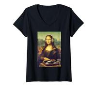 Femme Funny Mona Lisa Casque DJ avec Platine Graphique T-Shirt avec Col en V