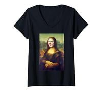 Femme Funny Mona Lisa Clown Maquillage Graphique Parodie Classique T-Shirt avec Col en V