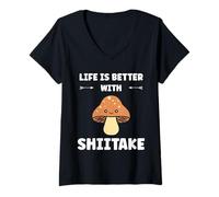 Femme Funny Mushroom Simple Life is Better with Shiitake T-Shirt avec Col en V