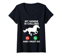 Femme Funny My Horse is Calling Meme Équitation T-Shirt avec Col en V