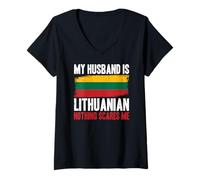 Femme Funny My Husband is Lituanian Nothing Scares Me T-Shirt avec Col en V