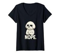 Femme Funny Nope Bichon Frise portant des lunettes de soleil Stubborn T-Shirt avec Col en V