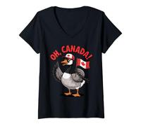 Femme Funny Oh Canada Drapeau Canadien Tenant Un Drapeau de Dessin animé T-Shirt avec Col en V