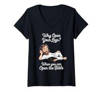 Femme Funny Open The Bible Christian Faith Humour Dire Adulte Blague T-Shirt avec Col en V