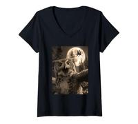 Femme Funny Owl Selfie Pleine Lune Sorcières Volantes Forêt Halloween T-Shirt avec Col en V