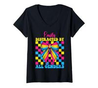 Femme Funny Pansexual Pan Pride facilement distrait par tous les sexes T-Shirt avec Col en V