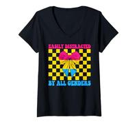 Femme Funny Pansexual Pan Pride facilement distrait par tous les sexes T-Shirt avec Col en V