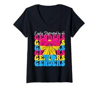 Femme Funny Pansexual Pan Pride facilement distrait par tous les sexes T-Shirt avec Col en V