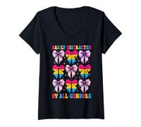 Femme Funny Pansexual Pan Pride facilement distrait par tous les sexes T-Shirt avec Col en V