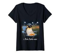Femme Funny Penguin Baseball, Maman, Je vis Ici Maintenant T-Shirt avec Col en V