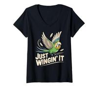 Femme Funny Perruche Just Winging It Bird Ornithologue Humour T-Shirt avec Col en V