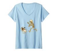 Femme Funny Pug Dog Halloween Steal Bone Skeleton Chase Spooky Pug T-Shirt avec Col en V