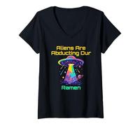 Femme Funny Ramen Lover Pun |Alien UFO Enlèvement Humour Meme T-Shirt avec Col en V
