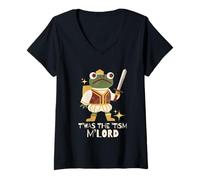 Femme Funny Retro Medieval Knight Frog T'was The 'Tism M'Lord T-Shirt avec Col en V