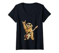 Femme Funny Rock Dog Golden Retriever Music Lover T-Shirt avec Col en V