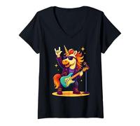 Femme Funny Rock'n Roll Unicorn Rockstar, Groupe Punk, Amateur de Guitare T-Shirt avec Col en V