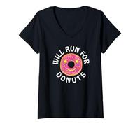 Femme Funny Running Saying with Sweet Graphic Will Run for Donuts T-Shirt avec Col en V