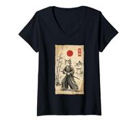 Femme Funny Samurai Cat Warrior Japanese Ukiyo-e Ink Wash Painting T-Shirt avec Col en V