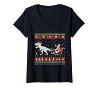 Femme Funny Santa Sleigh Riding Dinosaur T-Rex Christmas Costume T-Shirt avec Col en V