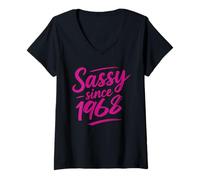 Femme Funny Sassy Since 1968 Retro Mama Wife Sass Queen Hot Pink T-Shirt avec Col en V