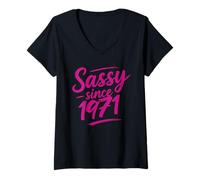 Femme Funny Sassy Since 1971 Retro Mama Wife Sass Queen Hot Pink T-Shirt avec Col en V