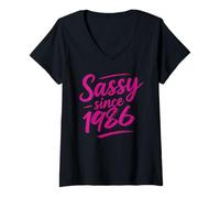 Femme Funny Sassy Since 1986 Retro Mama Wife Sass Queen Hot Pink T-Shirt avec Col en V