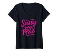 Femme Funny Sassy Since 1988 Retro Mama Wife Sass Queen Hot Pink T-Shirt avec Col en V