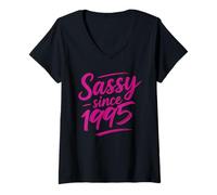 Femme Funny Sassy Since 1995 Retro Mama Wife Sass Queen Hot Pink T-Shirt avec Col en V