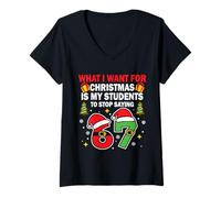 Femme Funny Six Seven Teacher Christmas 67 Meme Gen Alpha Slang T-Shirt avec Col en V