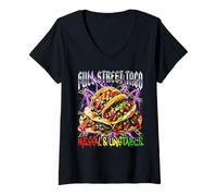 Femme Funny Street Taco Messy and Unstable Style rétro des années 80 T-Shirt avec Col en V