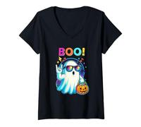 Femme Funny Stylish Retro Halloween Rock Ghost Boo Party Disco T-Shirt avec Col en V