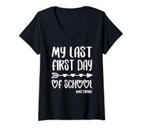 Femme Funny Teacher's Retraite « Mon dernier Jour d'école » T-Shirt avec Col en V