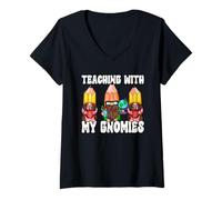 Femme Funny Teaching with My Gnomies 100 Days of School Gnomes T-Shirt avec Col en V