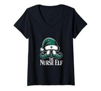 Femme Funny The Nurse Elf Elfe de Noël T-Shirt avec Col en V