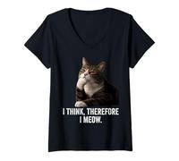 Femme Funny Thinking Cat - I Think, Therefore I Meow T-Shirt avec Col en V