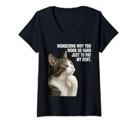 Femme Funny Thinking Cat - Pay My Rent T-Shirt avec Col en V