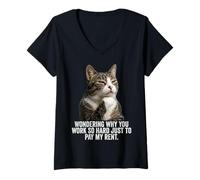 Femme Funny Thinking Cat - Pay My Rent T-Shirt avec Col en V