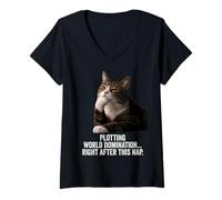 Femme Funny Thinking Cat - Plotting World Domination After Nap T-Shirt avec Col en V
