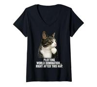 Femme Funny Thinking Cat - Plotting World Domination After Nap T-Shirt avec Col en V
