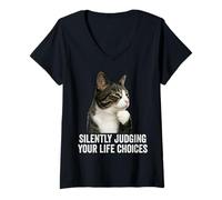 Femme Funny Thinking Cat - Silently Judging Your Life Choices T-Shirt avec Col en V