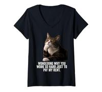 Femme Funny Thinking Cat - Work Hard and Pay My Rent T-Shirt avec Col en V