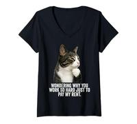 Femme Funny Thinking Cat - Work Hard and Pay My Rent T-Shirt avec Col en V