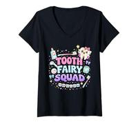 Femme Funny Tooth Fairy Squad Dentiste Assistant Dentaire Assorti T-Shirt avec Col en V